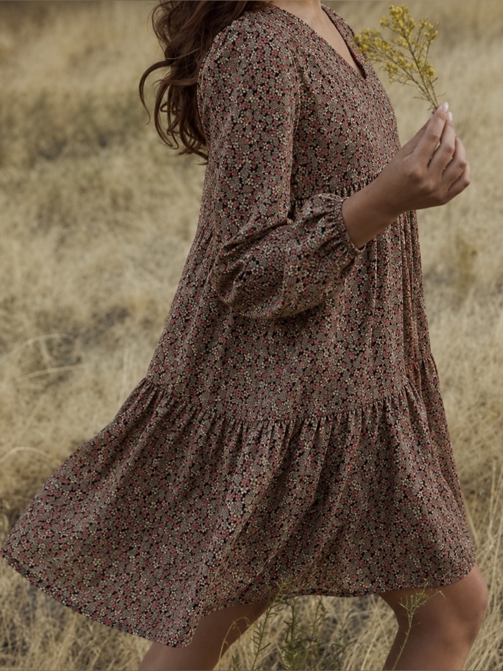 Hayden Los Angeles Brown Floral Babydoll Dress Boho Cottagecore Prairie, M
